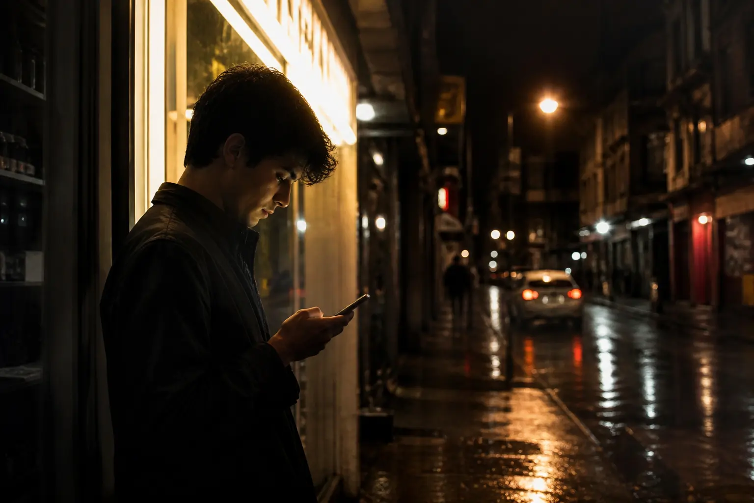 Un cliente mira su teléfono frente a un local iluminado de noche