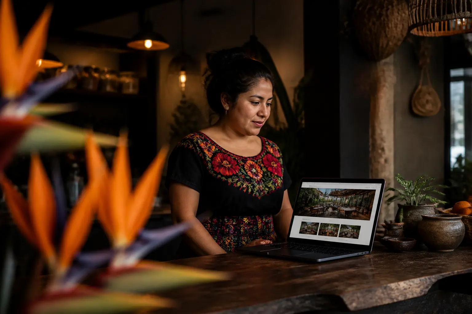 Dueña de un café revisa en su laptop una página web recién lanzada