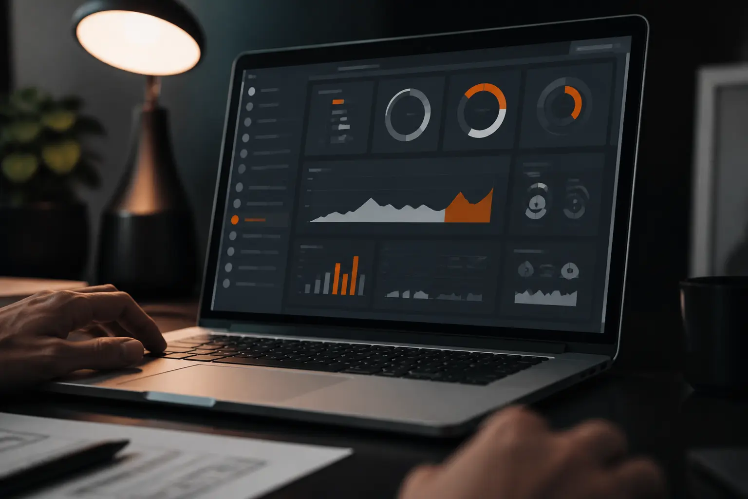 Laptop con un panel de analítica en un escritorio oscuro