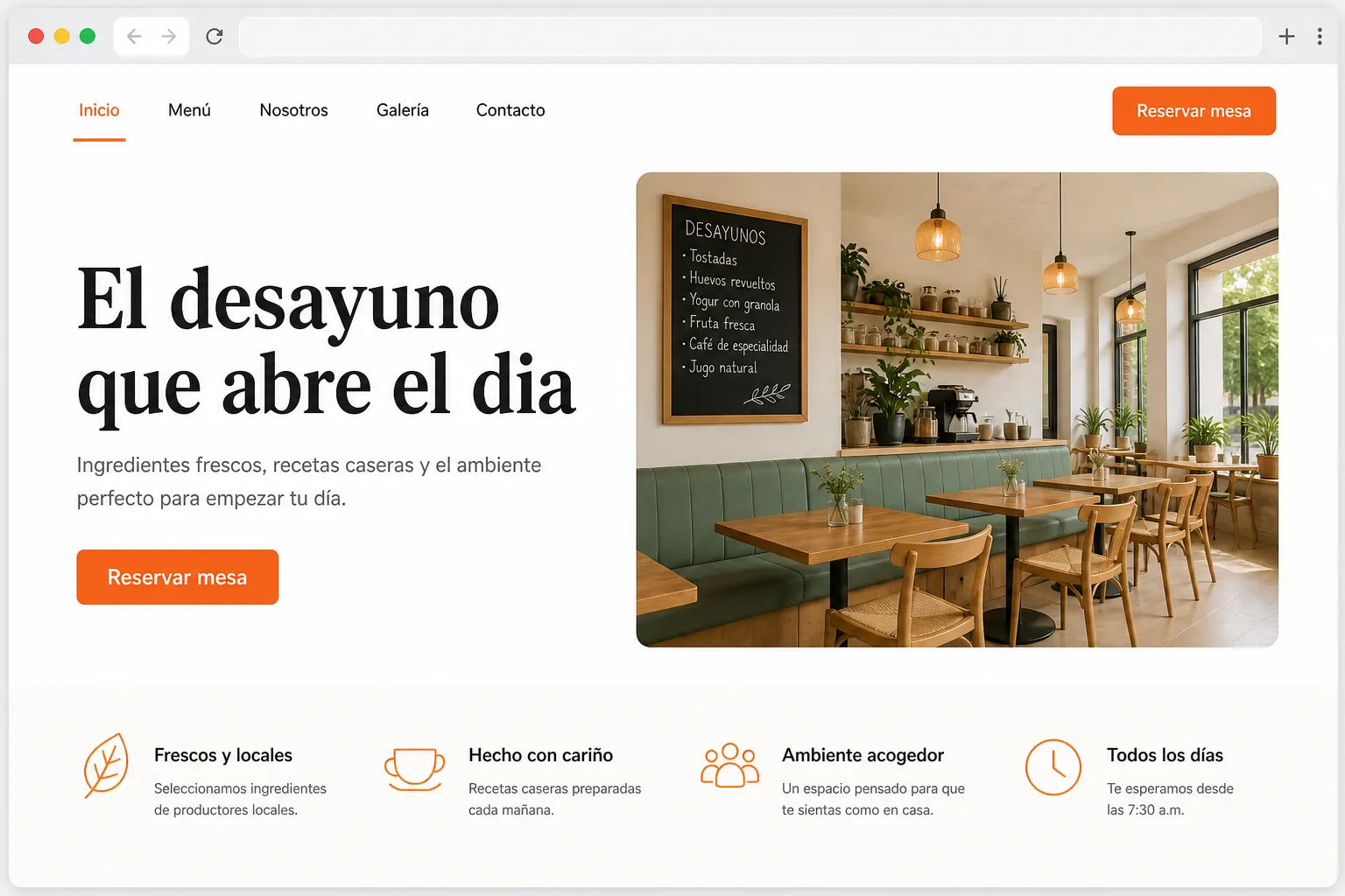 Demostración: landing de un café con reserva de mesa