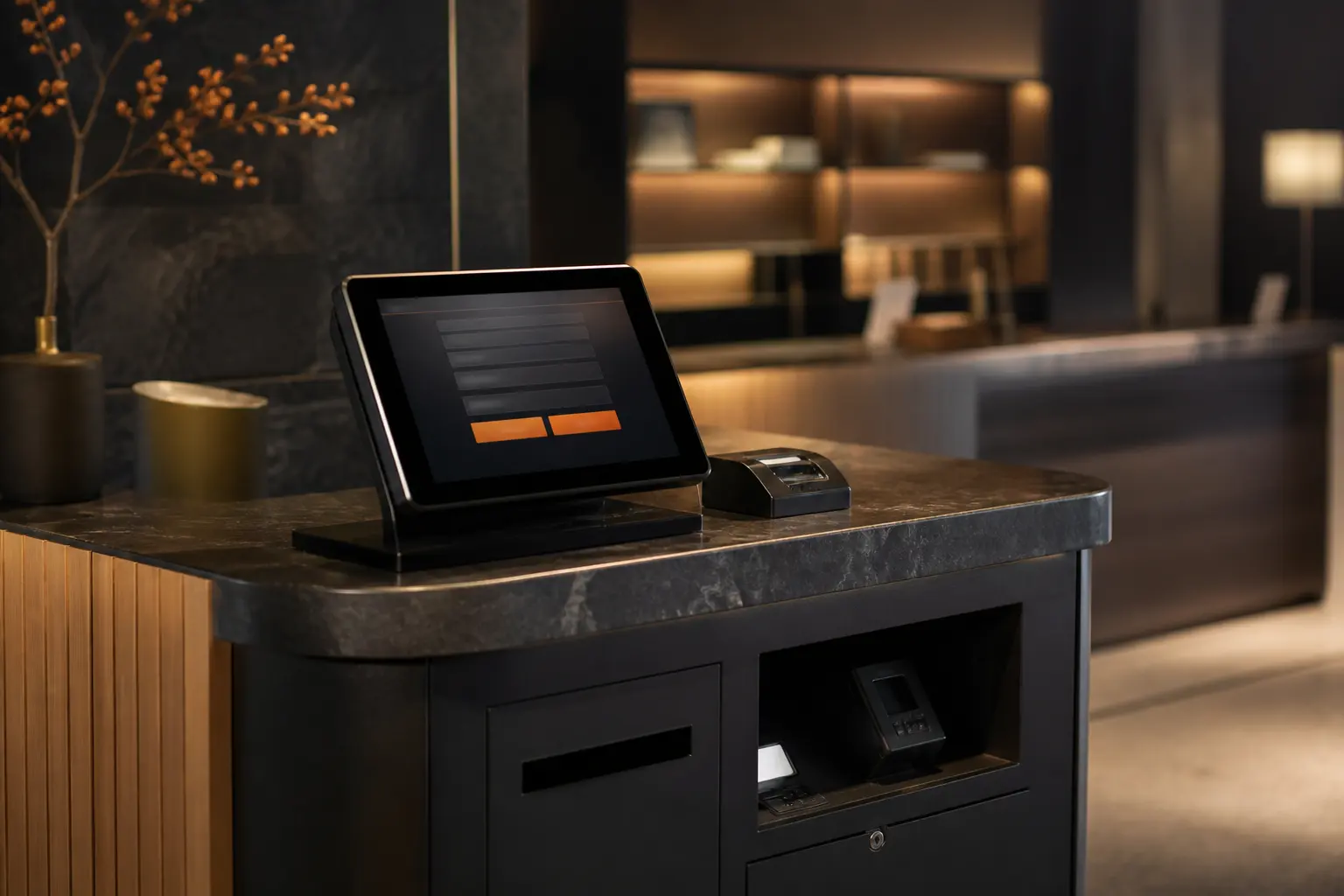 Mostrador con una tablet de autoservicio en un interior oscuro