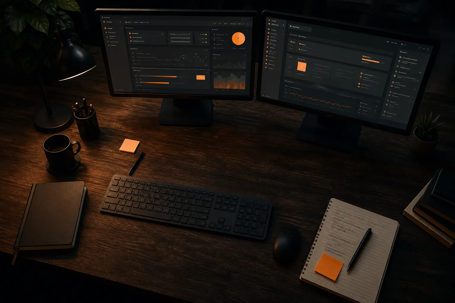 Escritorio de estudio con monitores y una nota naranja